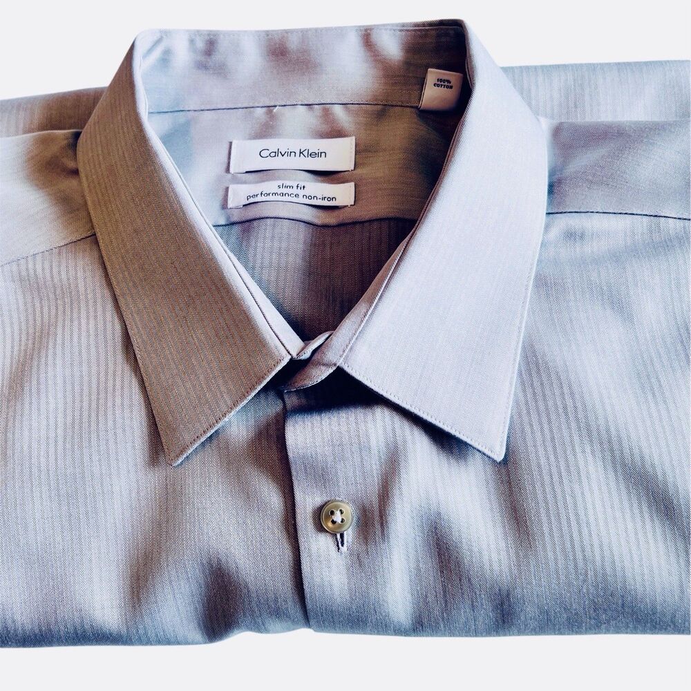 Calvin Klein Button Up Long Sleeve Shirt 2XL Blue Slim Fit Performance Non Iron